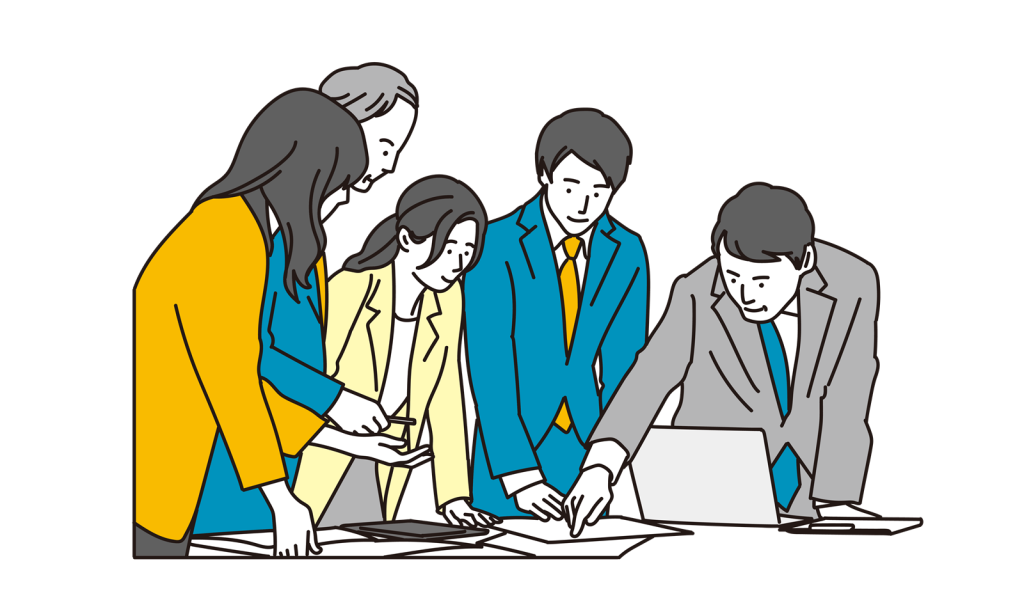 会議中のスーツ姿の会社員たちが協力して資料を確認している様子のイラスト