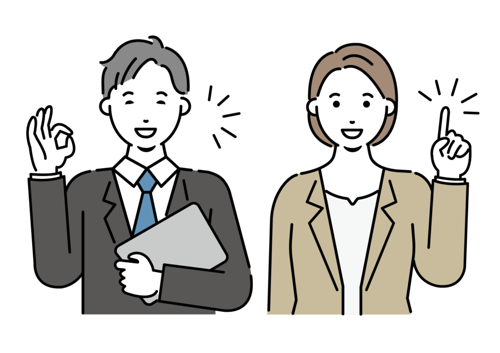 ビジネスカジュアルな男女がOKサインと指差しポーズをとっているイラスト